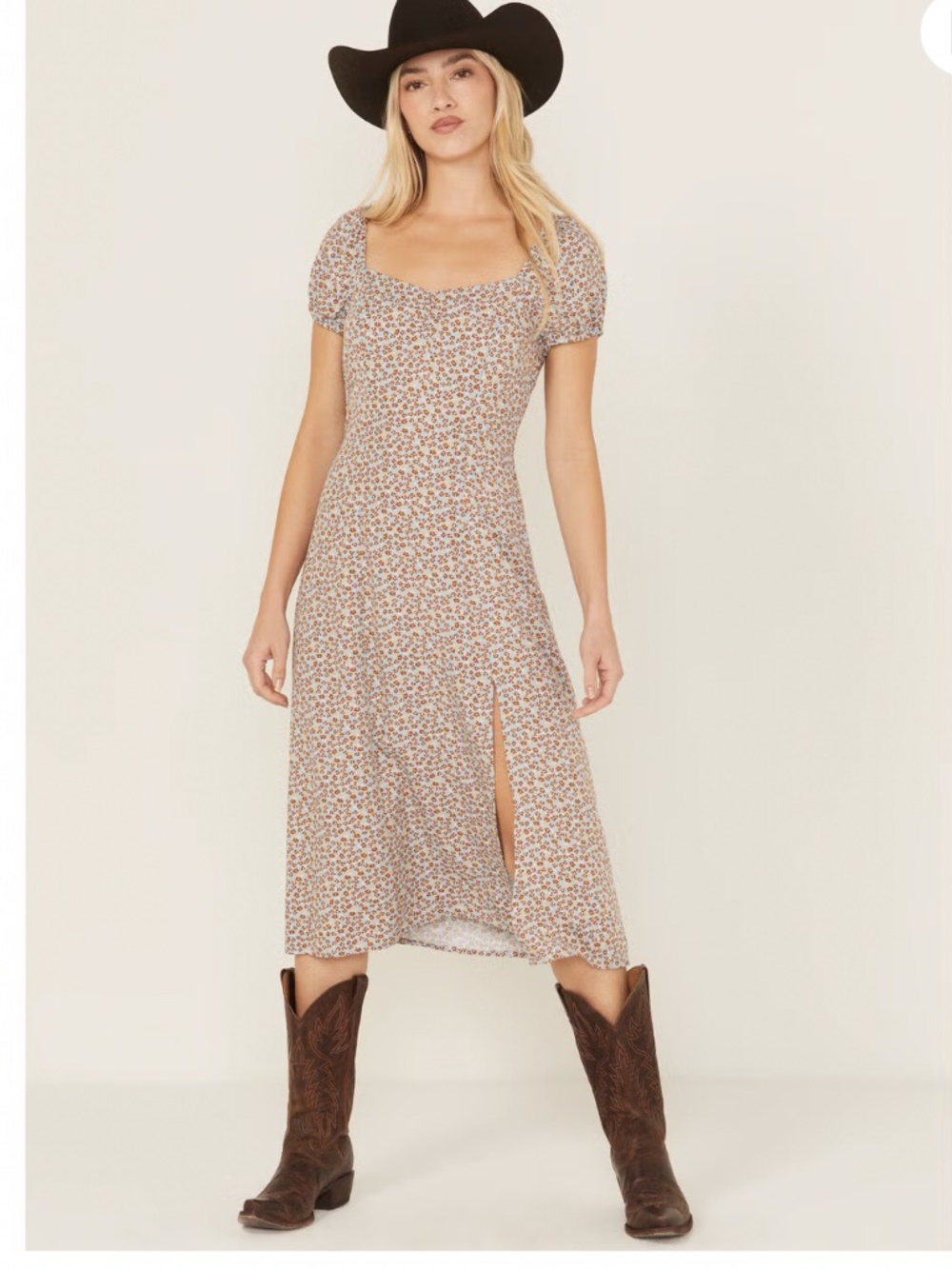 Sold out Idyllwind light blue brown floral midi dress front slit S M